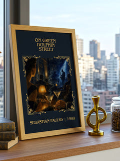 On Green Dolphin Street Classic Book Art Print by Sebastian Faulks – framed print on a city-view windowsill