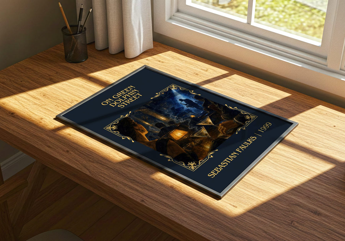 On Green Dolphin Street Classic Book Art Print by Sebastian Faulks – print on a sunlit desk