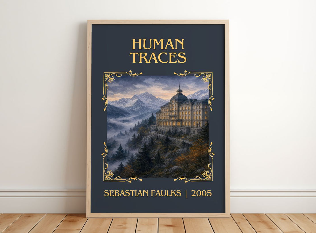 Human Traces Classic Book Art Print by Sebastian Faulks – framed print leaning on a wooden floor