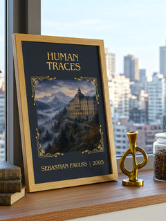 Human Traces Classic Book Art Print by Sebastian Faulks – framed print on a city-view windowsill