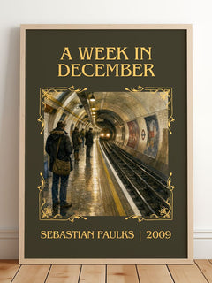 A Week in December Classic Book Art Print by Sebastian Faulks – framed print leaning on a wooden floor