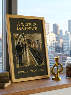 A Week in December Classic Book Art Print by Sebastian Faulks – framed print on a city-view windowsill