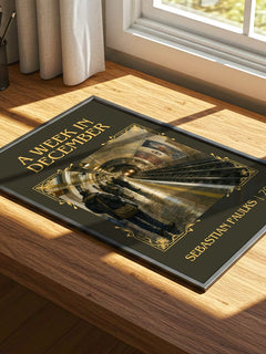 A Week in December Classic Book Art Print by Sebastian Faulks – print on a sunlit desk
