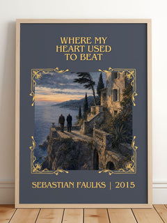 Where My Heart Used to Beat Classic Book Art Print by Sebastian Faulks – framed print leaning on a wooden floor