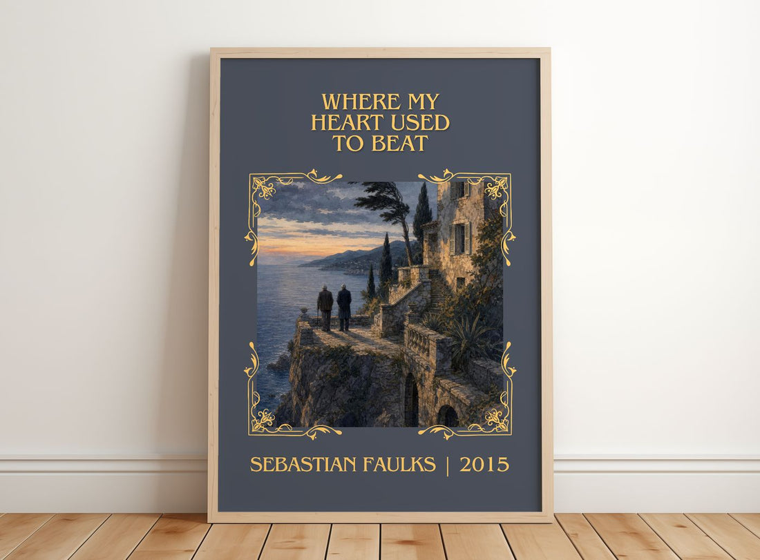 Where My Heart Used to Beat Classic Book Art Print by Sebastian Faulks – framed print leaning on a wooden floor