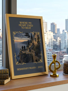 Where My Heart Used to Beat Classic Book Art Print by Sebastian Faulks – framed print on a city-view windowsill