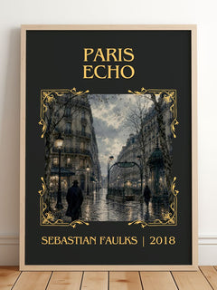 Paris Echo Classic Book Art Print by Sebastian Faulks – framed print leaning on a wooden floor