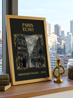 Paris Echo Classic Book Art Print by Sebastian Faulks – framed print on a city-view windowsill