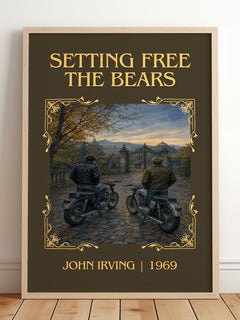 Setting Free the Bears Classic Book Art Print by John Irving – framed print leaning on a wooden floor