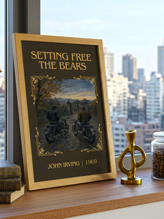 Setting Free the Bears Classic Book Art Print by John Irving – framed print on a city-view windowsill