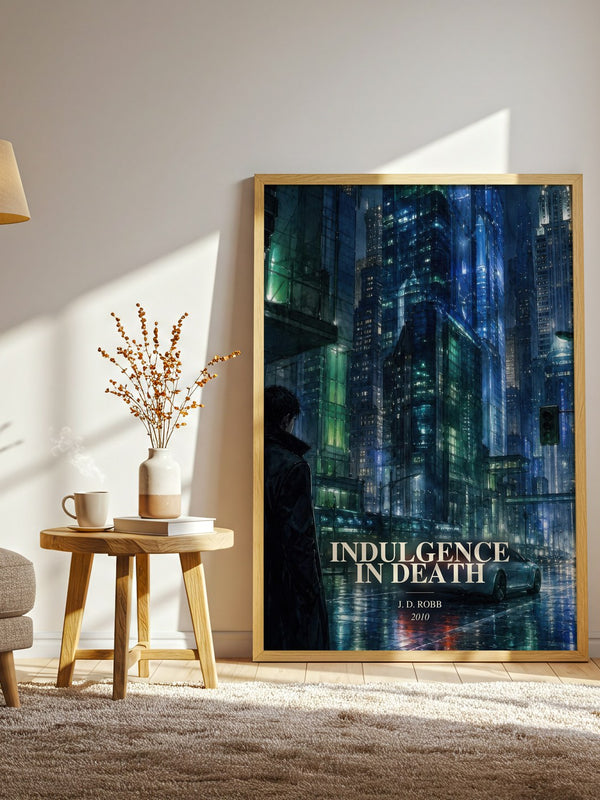 Indulgence In Death watercolour print in frame leaning in hallway – crime wall art