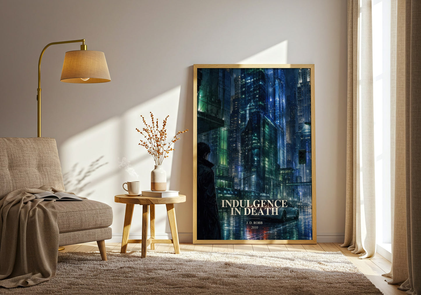 Indulgence In Death watercolour print in frame leaning in hallway – crime wall art
