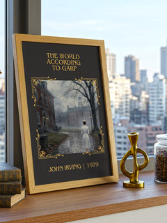 The World According to Garp Classic Book Art Print by John Irving – framed print on a city-view windowsill