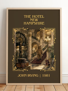 The Hotel New Hampshire Classic Book Art Print by John Irving – framed print leaning on a wooden floor
