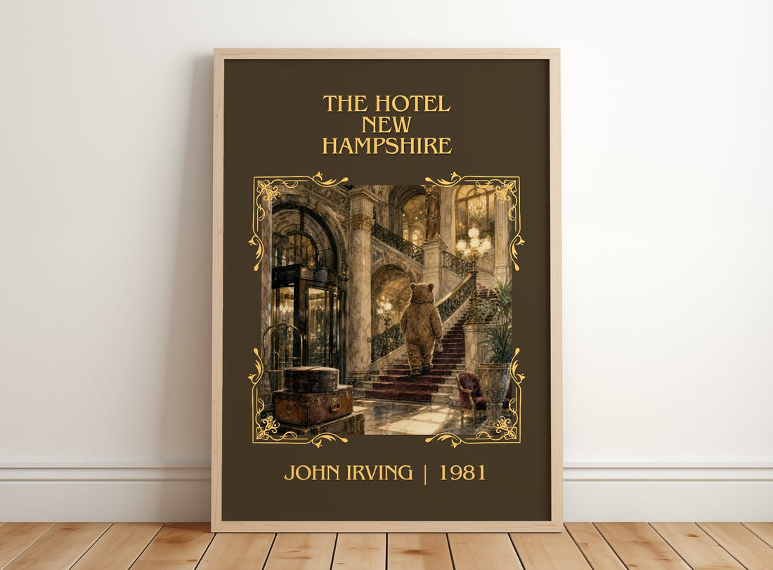 The Hotel New Hampshire Classic Book Art Print by John Irving – framed print leaning on a wooden floor