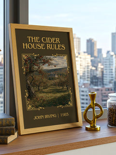 The Cider House Rules Classic Book Art Print by John Irving – framed print on a city-view windowsill