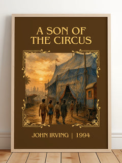 A Son of the Circus Classic Book Art Print by John Irving – framed print leaning on a wooden floor