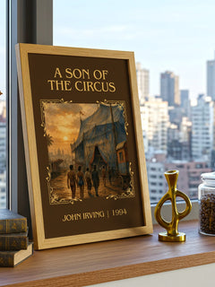 A Son of the Circus Classic Book Art Print by John Irving – framed print on a city-view windowsill