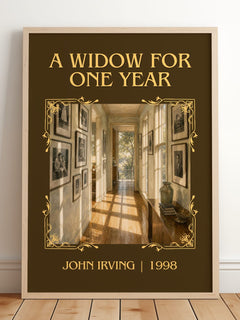 A Widow for One Year Classic Book Art Print by John Irving – framed print leaning on a wooden floor