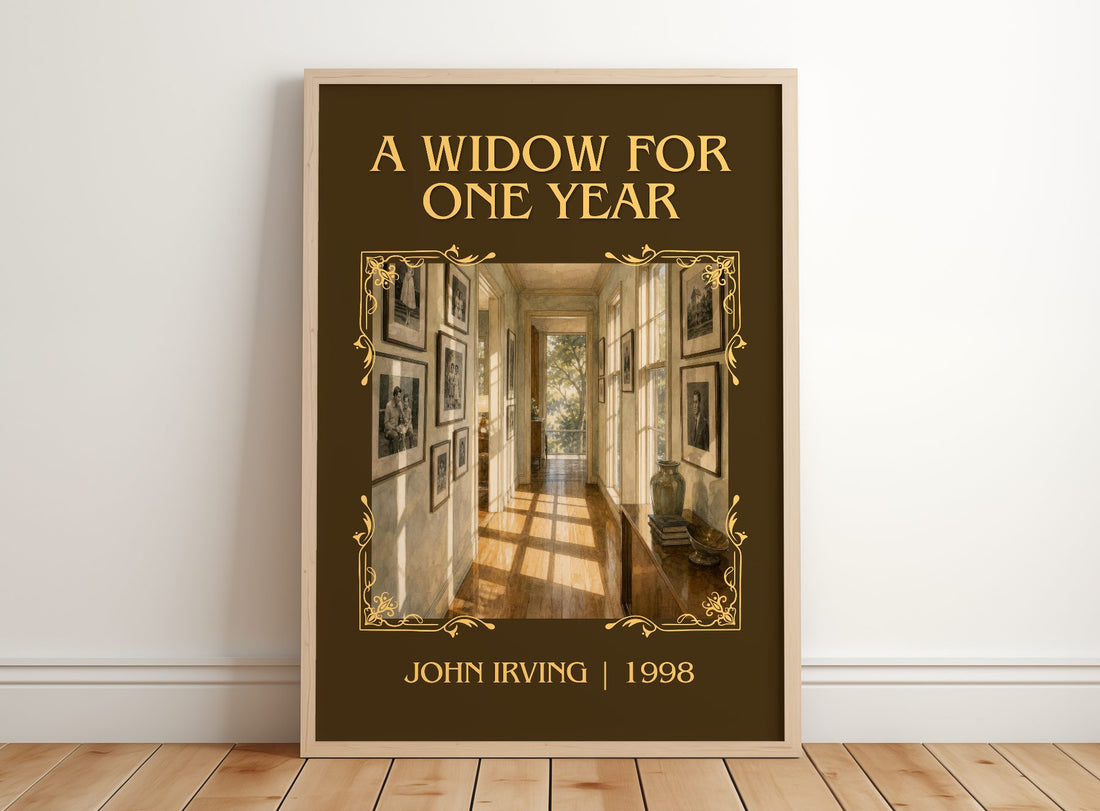 A Widow for One Year Classic Book Art Print by John Irving – framed print leaning on a wooden floor