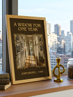 A Widow for One Year Classic Book Art Print by John Irving – framed print on a city-view windowsill