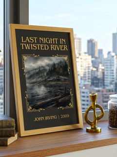 Last Night in Twisted River Classic Book Art Print by John Irving – framed print on a city-view windowsill