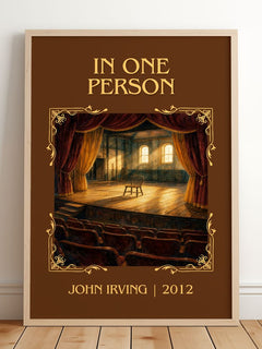 In One Person Classic Book Art Print by John Irving – framed print leaning on a wooden floor