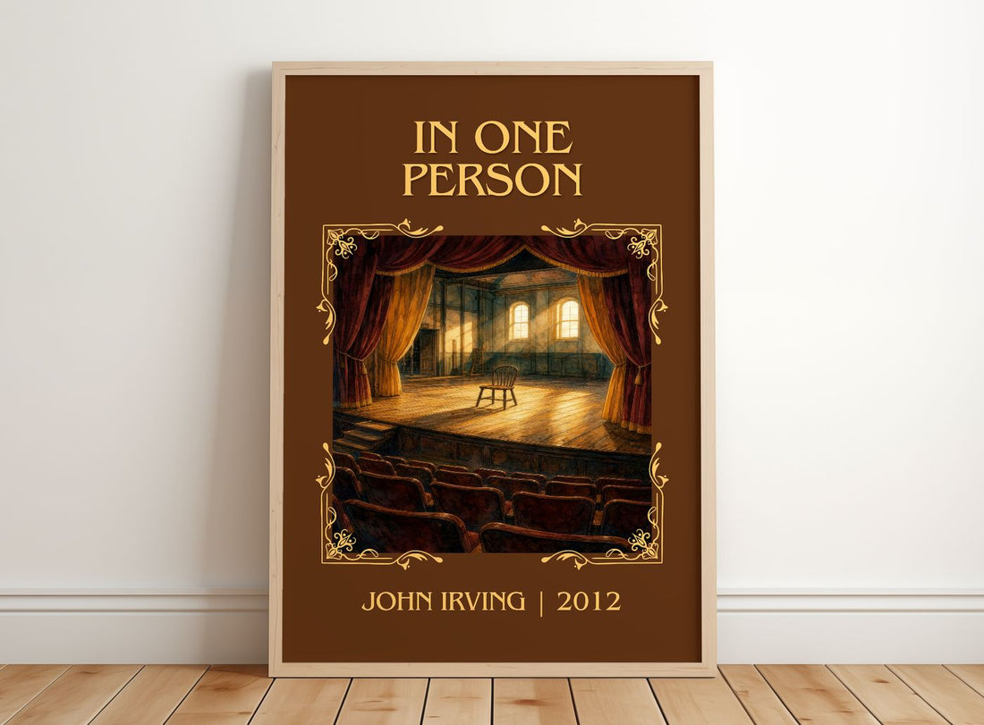 In One Person Classic Book Art Print by John Irving – framed print leaning on a wooden floor