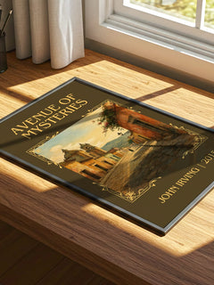 Avenue of Mysteries Classic Book Art Print by John Irving – print on a sunlit desk