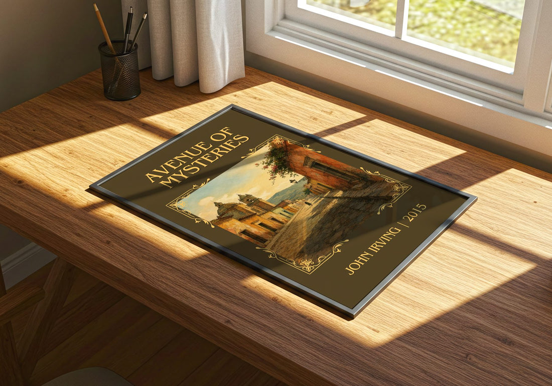 Avenue of Mysteries Classic Book Art Print by John Irving – print on a sunlit desk