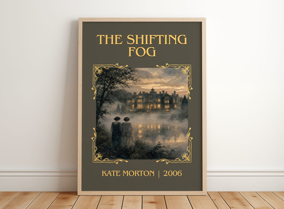 The Shifting Fog Classic Book Art Print by Kate Morton – framed print leaning on a wooden floor