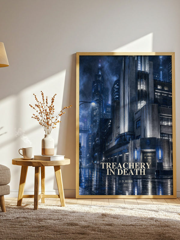 Treachery In Death watercolour print in frame leaning in hallway – crime wall art