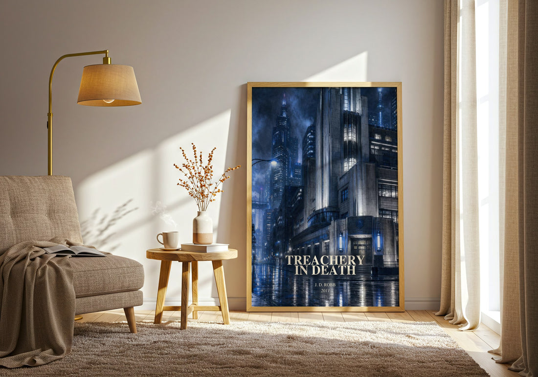 Treachery In Death watercolour print in frame leaning in hallway – crime wall art (mockup)