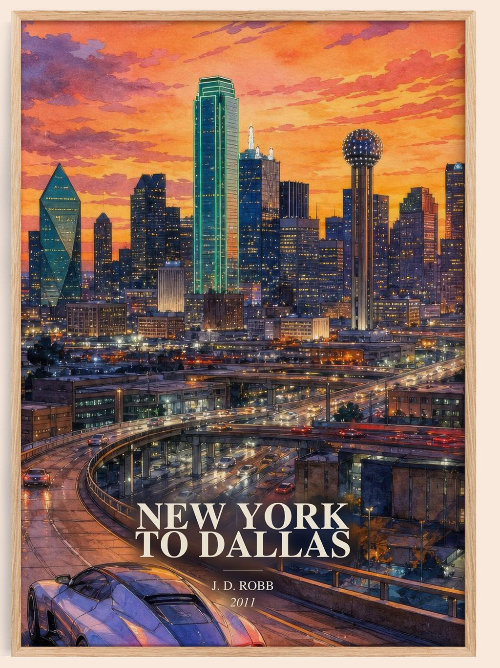 New York To Dallas watercolour book poster by J. D. Robb – framed literary art print
