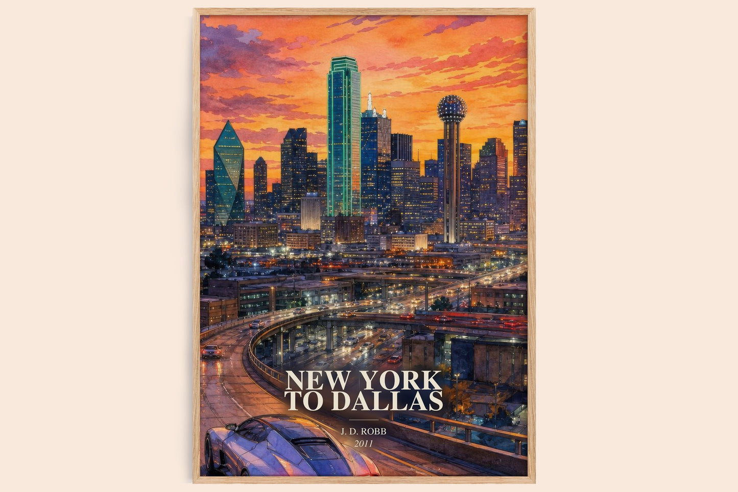 New York To Dallas watercolour book poster by J. D. Robb – framed literary art print