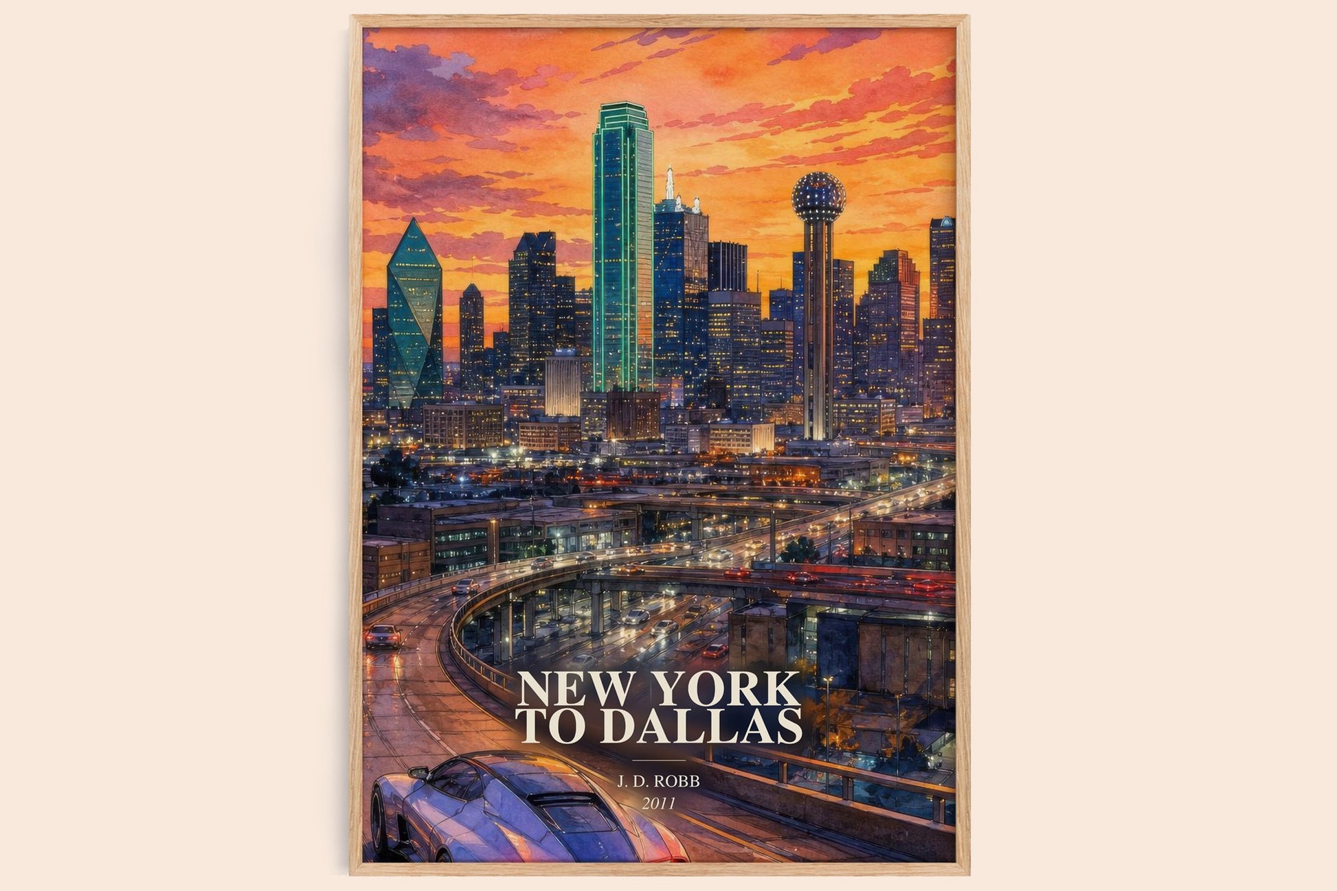 New York To Dallas watercolour book poster by J. D. Robb – framed literary art print