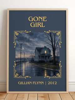 Gone Girl Classic Book Art Print by Gillian Flynn – framed print leaning on a wooden floor