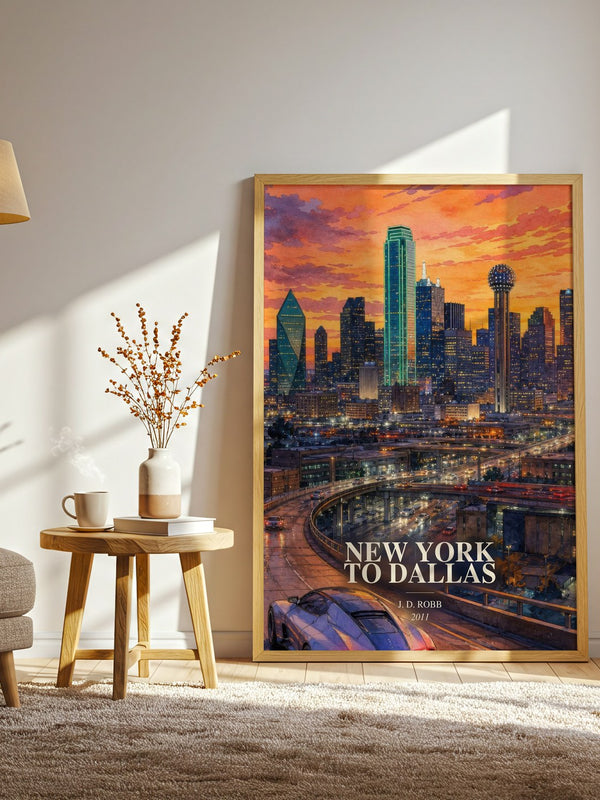 New York To Dallas watercolour print in frame leaning in hallway – thriller wall art