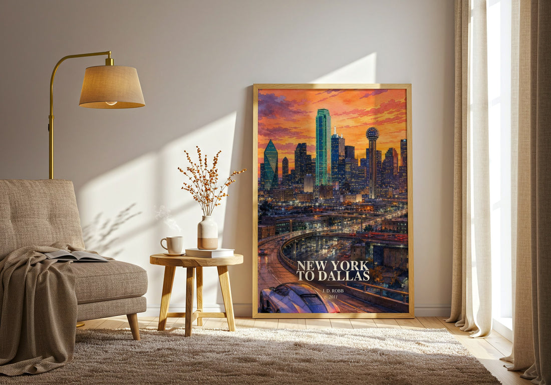New York To Dallas watercolour print in frame leaning in hallway – thriller wall art (mockup)