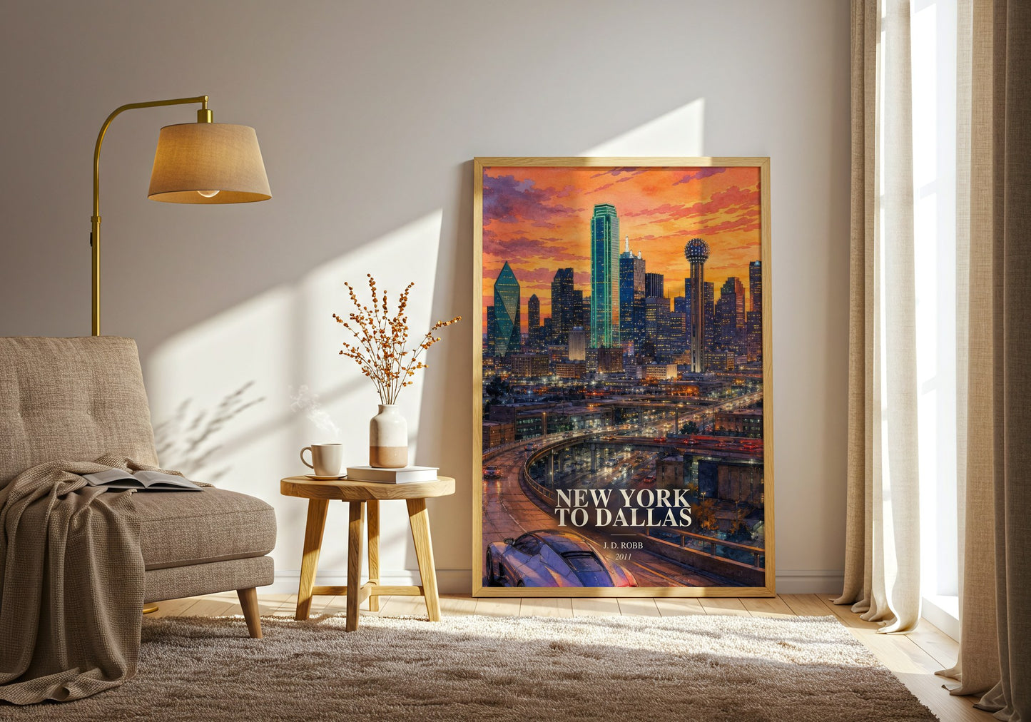 New York To Dallas watercolour print in frame leaning in hallway – thriller wall art