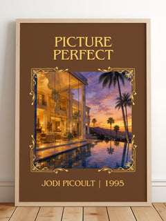 Picture Perfect Classic Book Art Print by Jodi Picoult – framed print leaning on a wooden floor