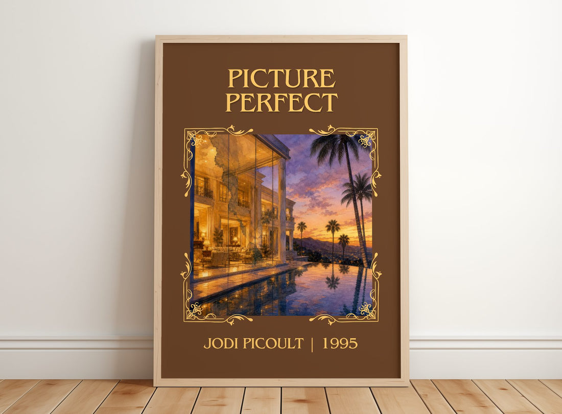Picture Perfect Classic Book Art Print by Jodi Picoult – framed print leaning on a wooden floor