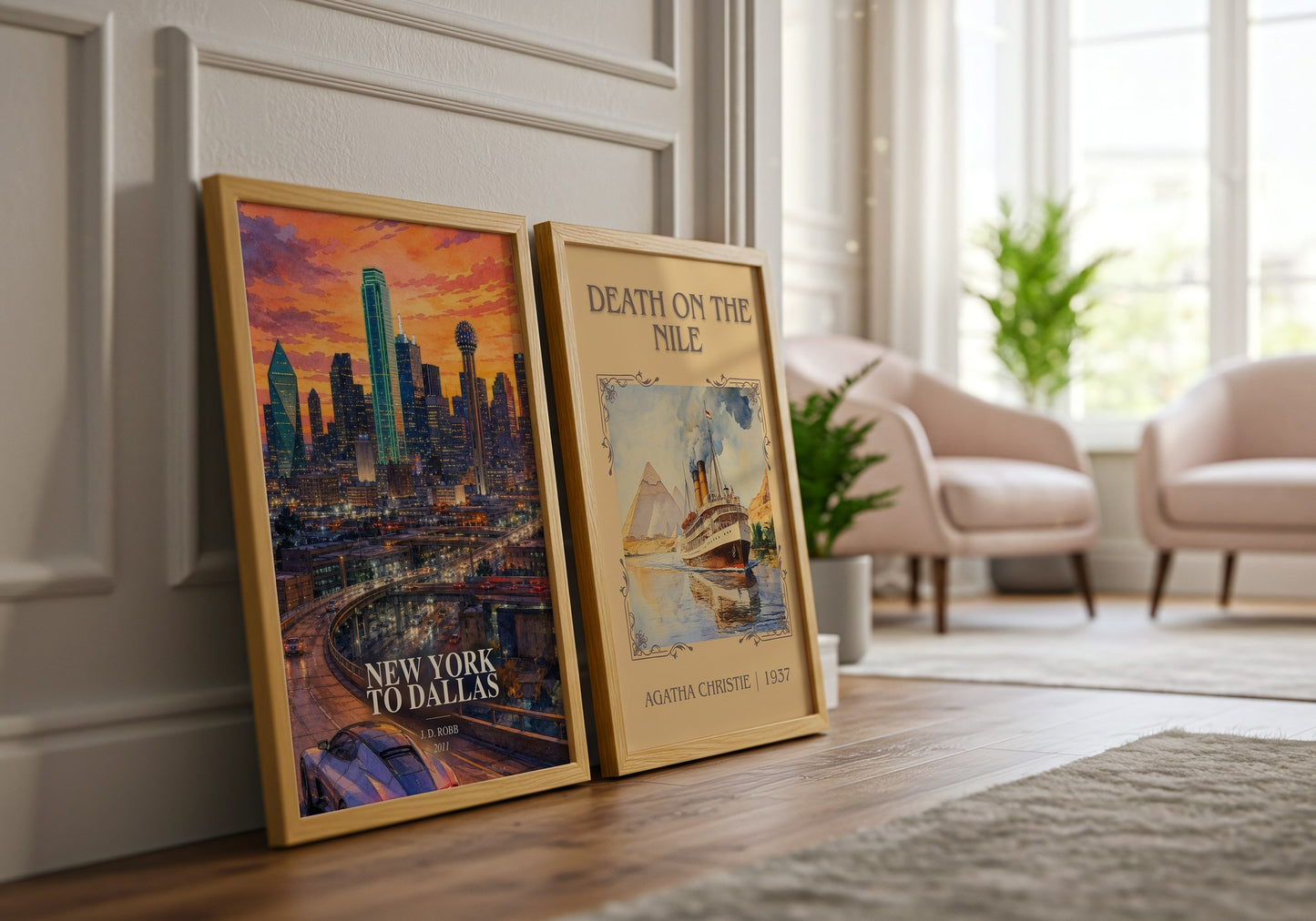 New York To Dallas watercolour print framed by window – literary home decor