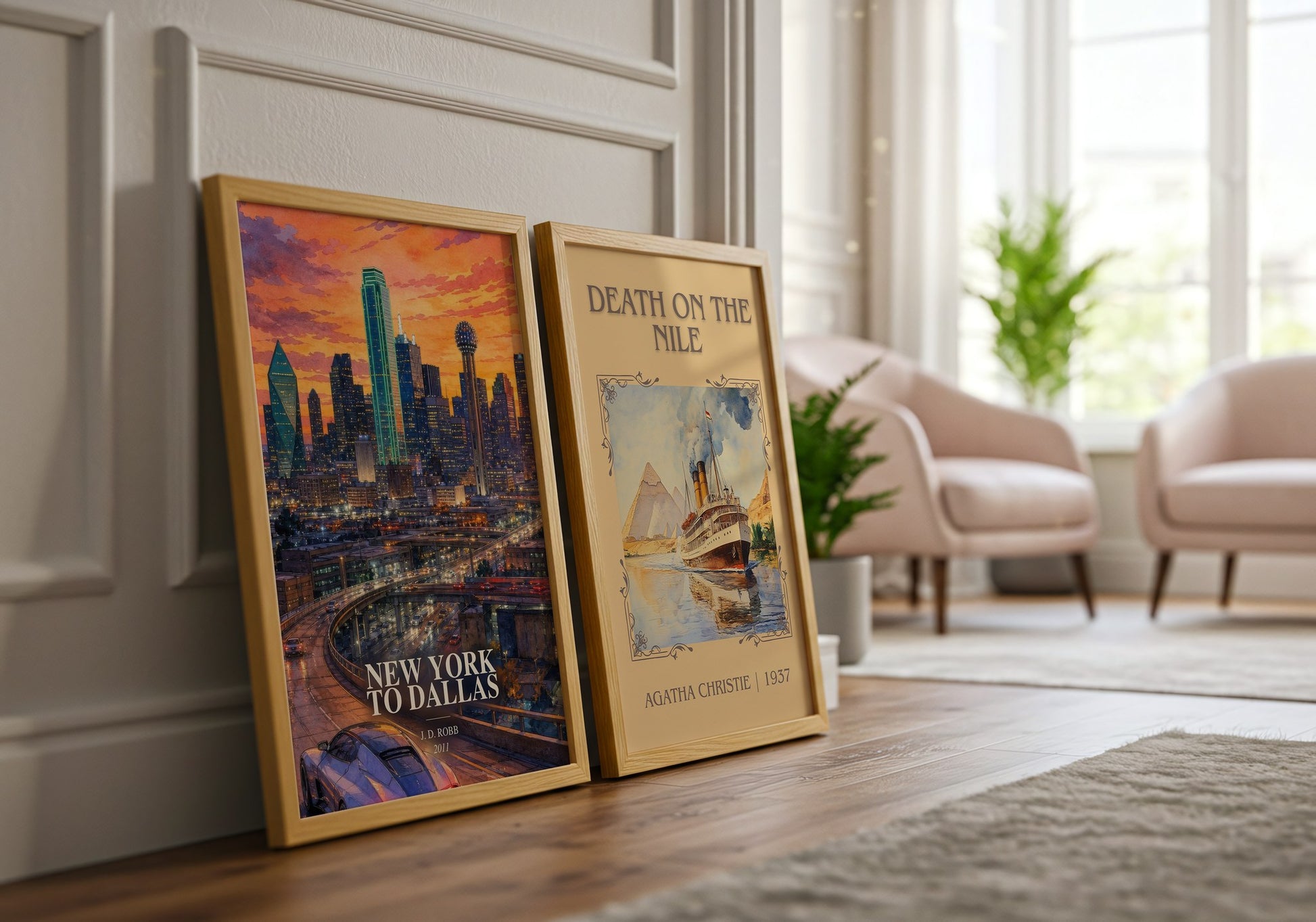 New York To Dallas watercolour print framed by window – literary home decor