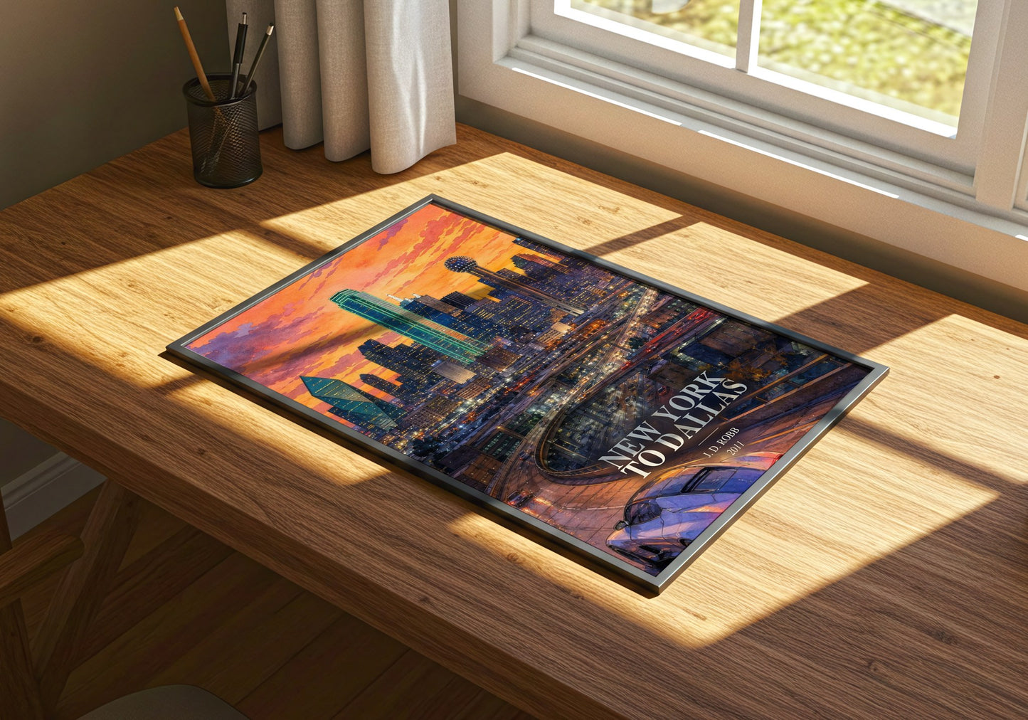 New York To Dallas watercolour book poster framed on wall – thriller wall art