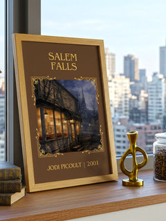 Salem Falls Classic Book Art Print by Jodi Picoult – framed print on a city-view windowsill