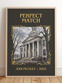 Perfect Match Classic Book Art Print by Jodi Picoult – framed print leaning on a wooden floor