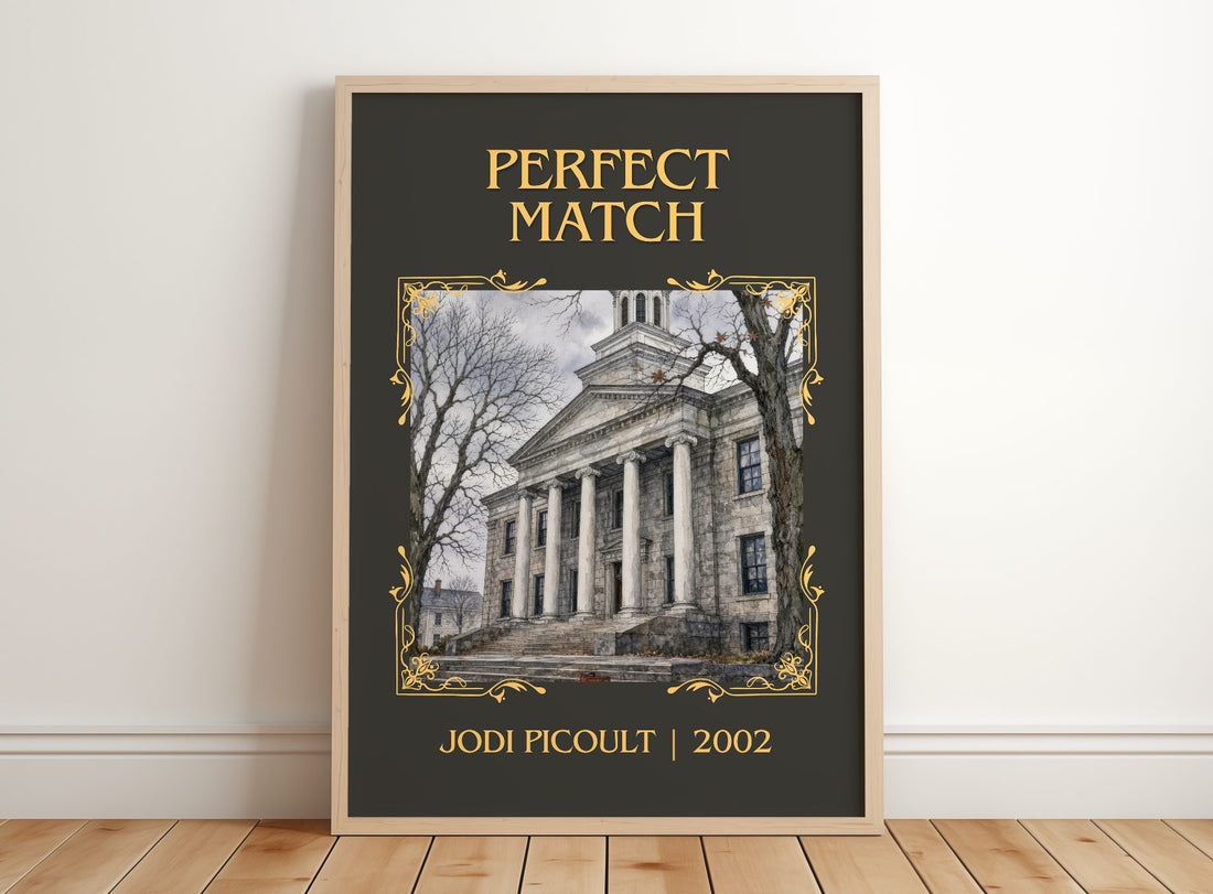 Perfect Match Classic Book Art Print by Jodi Picoult – framed print leaning on a wooden floor