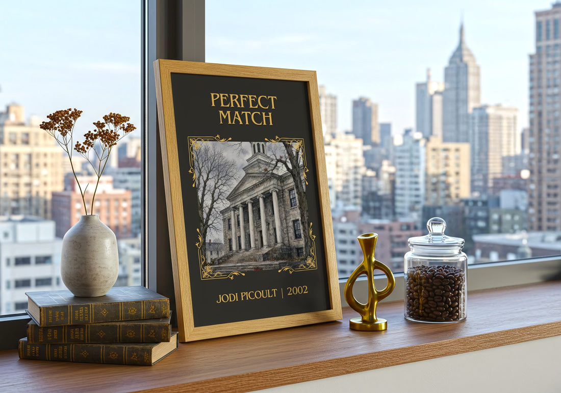 Perfect Match Classic Book Art Print by Jodi Picoult – framed print on a city-view windowsill