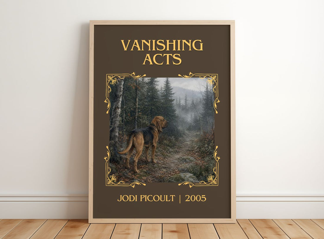 Vanishing Acts Classic Book Art Print by Jodi Picoult – framed print leaning on a wooden floor